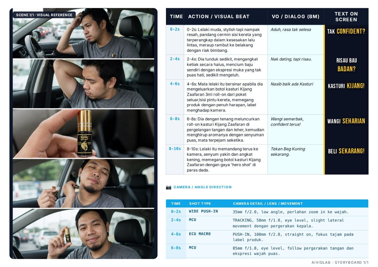 Storyboard UGC — dialog BM, timing 0-10s, camera angle